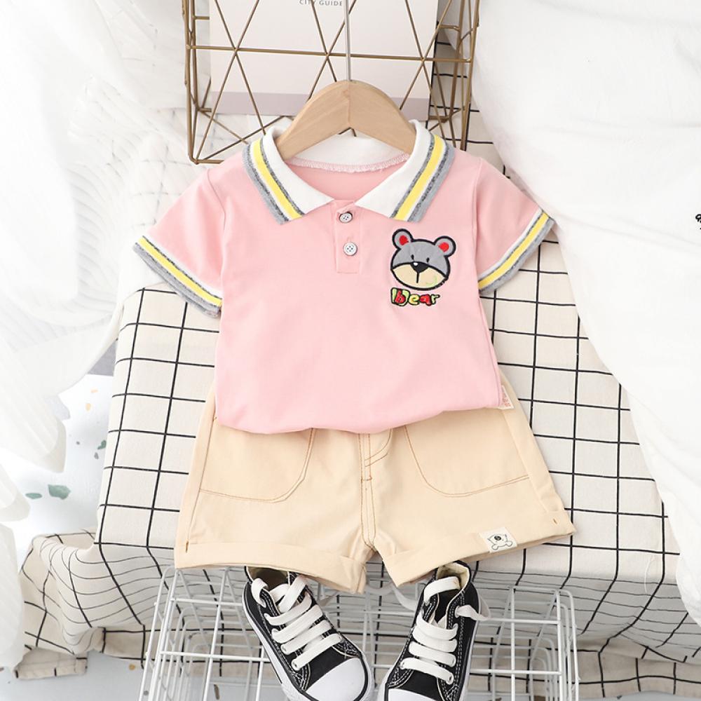 Toddler Boys And Girls Summer Bear Printed Lapel Top and Shorts Set Casual Boy Clothes Wholesale