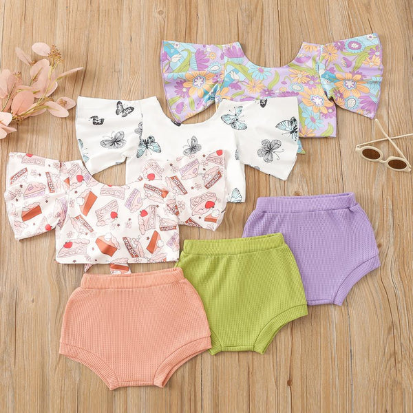 Infant Girls Summer Cute Flying Sleeve V-neck Shorts Suit Wholesale Baby Girl Clothing