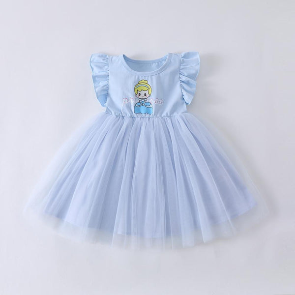 Little Girl's Summer Blue Dress Cartoon Mesh Dress Wholesale Kids Clothes