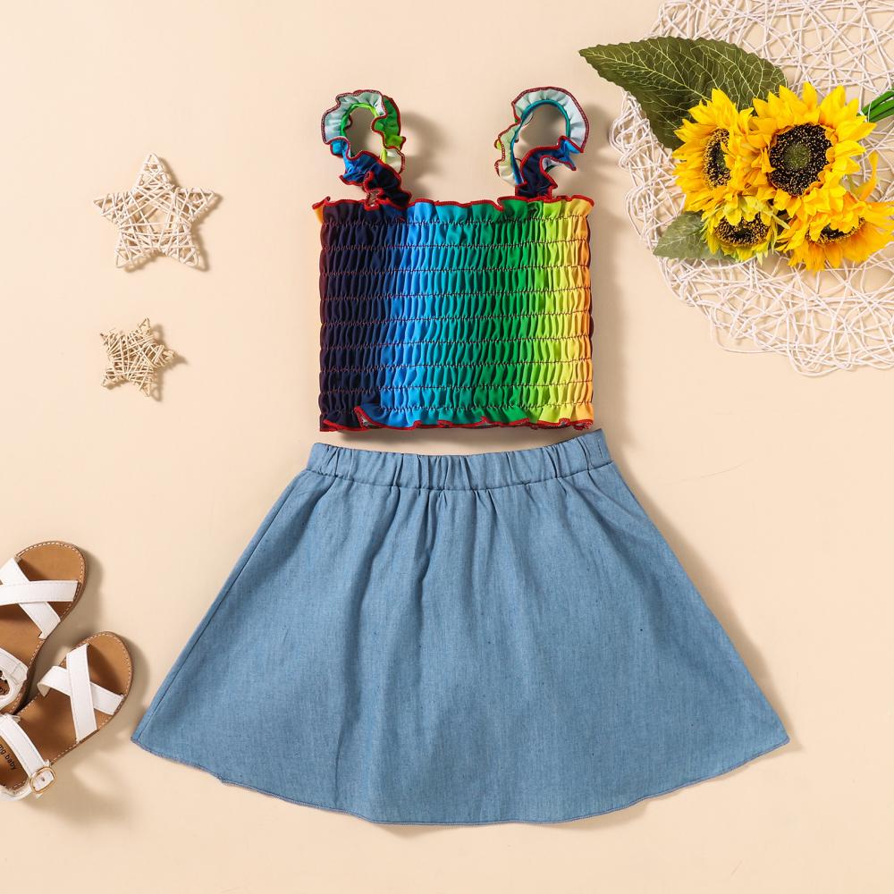 Toddler Girls Fashion Sleeveless Rainbow Color Top and Denim Skirt Set Toddler Girl Wholesale Clothing