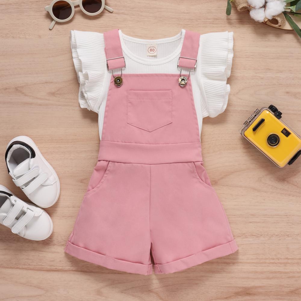 Girls Summer Solid Ruffle Top and Suspenders Pants Set Toddler Girls Wholesale