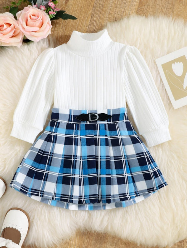 Autumn Baby Girls Pit Strip Top + Plaid Skirt Set Wholesale Girls Clothes