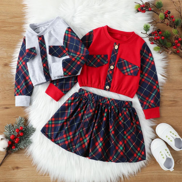 Christmas Girls Plaid Long-sleeved Top+ Skirt Set Wholesale Girls Clothes