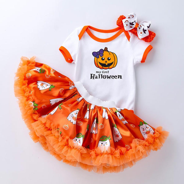 Baby Girls Halloween 0-2T Cartoon Printed Romper Mesh Skirt Set Wholesale Baby Girl Clothes