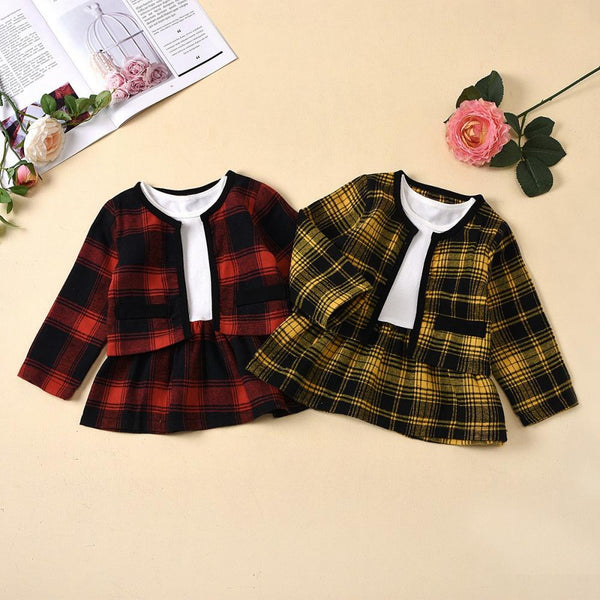 Autumn Plaid Stitching Skirt Girls Suit Wholesale Baby Girls Clothes