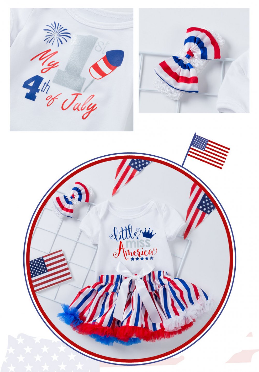 Newborn Baby Girls Summer Independence Day Set Short-sleeved Printed Romper Striped Skirt And Headband Three-piece Set 0-1-2Y Wholesale Baby Clothes