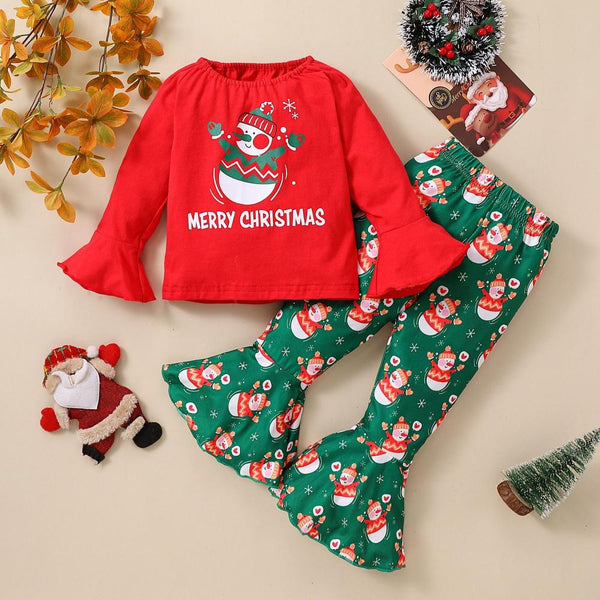 Autumn Christmas Baby Print Top + Snowman Flared Trousers Set Wholesale Kids Clothes