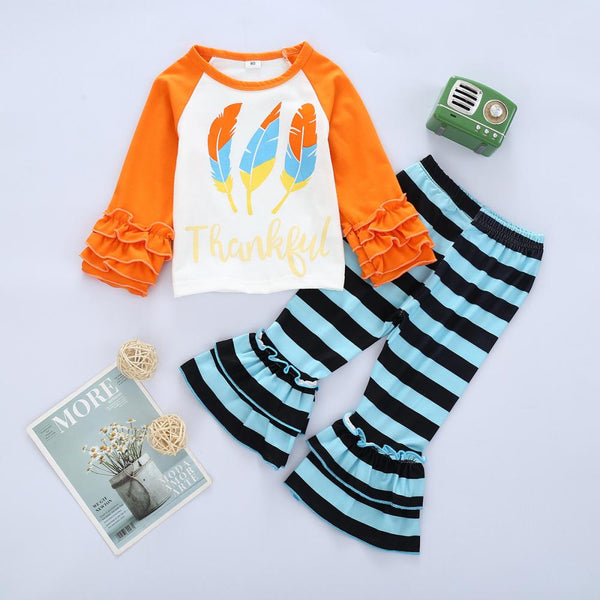 Toddler Girls Spring and Autumn Thanksgiving Letters Long Sleeve Tops and Trousers Suit Wholesale Girls Clothes