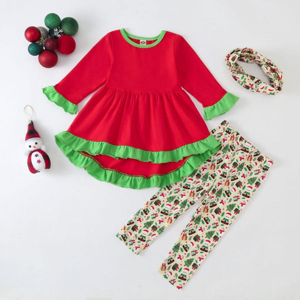 Little Girls Christmas Top + Print Trousers + Hairband Set Wholesale Girls Clothes
