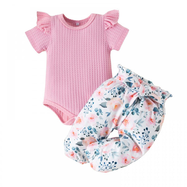 Newborn Baby Girls Pants Set Summer Solid Waffle Romper Floral Pants Set Wholesale Baby Clothes Usa