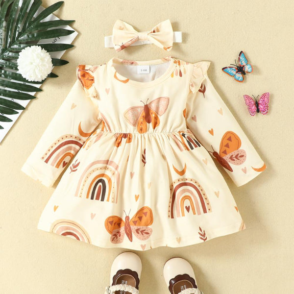 Autumn Baby Girls Print Long-sleeve Dress + Hairband Wholesale Girls Clothes