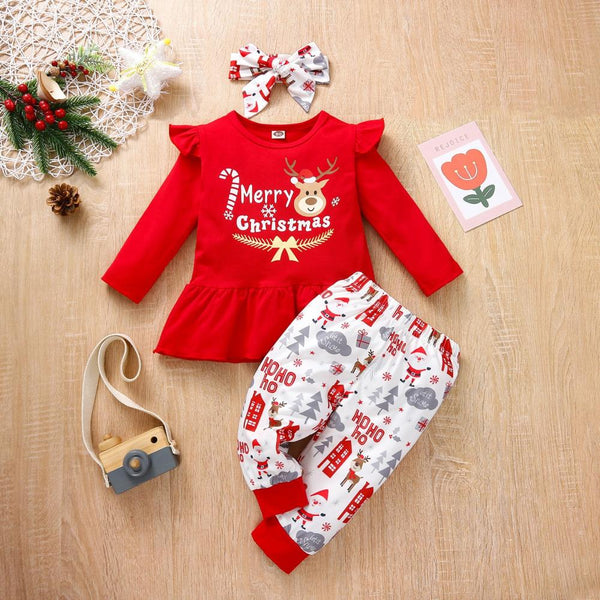 Autumn Little Girls Christmas Long-sleeve Top + Pants Set Wholesale Girls Clothes