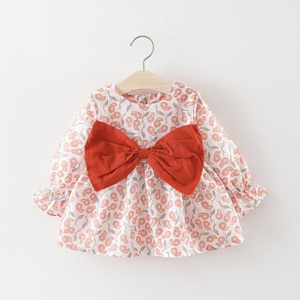 Spring Children's Dress Solid Color Bow Floral Print Dress Wholesale Baby Clothes