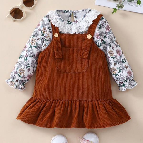 Autumn and Winter Long-sleeved Floral Top + Corduroy Ruffle Skirt Wholesale Baby Girls Clothes