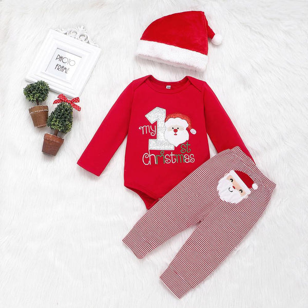 Autumn Christmas Santa Top + Stripe Trousers + Hat Set Wholesale Baby Clothes