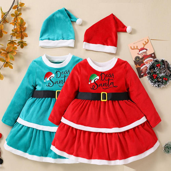 Girls Pleuche Dress Christmas Autumn Print Long-sleeve Dress + Hat Wholesale Girls Dress