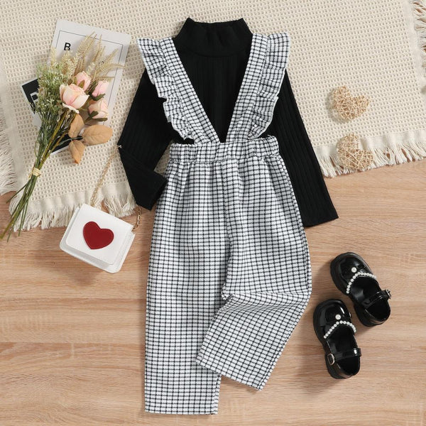 Autumn and Winter Plaid Overalls Trousers Knitted Bottoming Shirt Two-piece Set Wholesale Girls Clothes