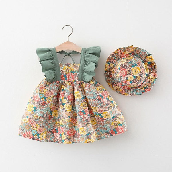 Baby Girls Summer Dress Floral Fly Sleeve with Hat Wholesale Baby Girl Clothes
