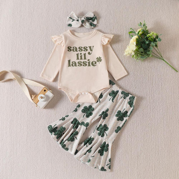 New Four-leaf Clover St Patrick's Day Letter Fly Sleeve Romper Flared Pants Girls Suit Wholesale