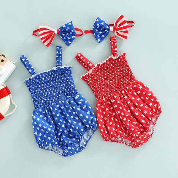 0~2Y Summer Baby Rompers Baby Pleated Star Print Sling Jumpsuit Bag Fart Romper Independence Day Romper Wholesale Baby Clothes