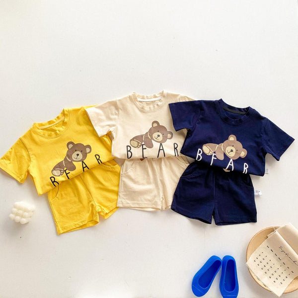Set Ins Children's Clothing Summer Cartoon Bear Print Short-Sleeved Shorts Casual Two-Piece Set Wholesale Baby Clothes