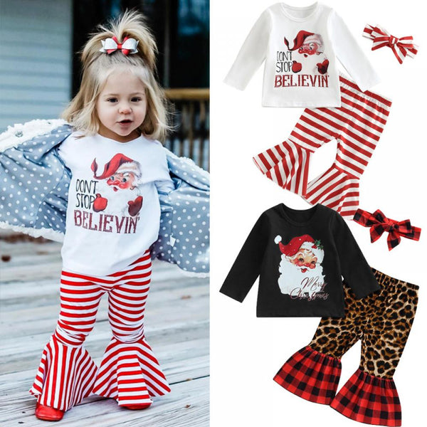 Baby Girls Christmas Autumn Cartoon Santa Stripe Shirt + Flared Pants Set Wholesale Girls Clothes