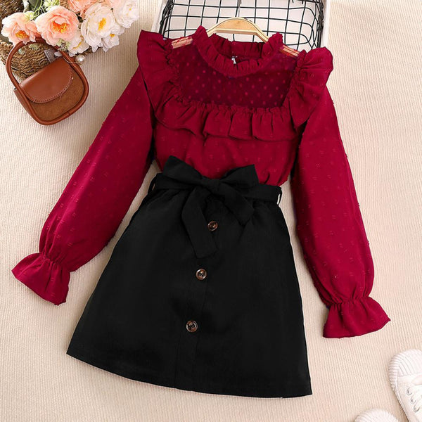 Girls Autumn Suit Lace Stitching Wave Point Long Sleeve Top + Skirt Set Wholesale Girls Clothes