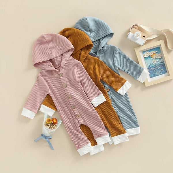 Children's Autumn Romper Solid Color Pit Strip Hooded Jumpsuit Baby Clothes Wholesale