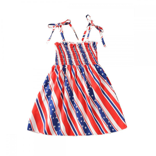 Toddler Girls Dresses Summer Striped Star Print Suspender Skirt Independence Day Wholesale Kids Clothing USA