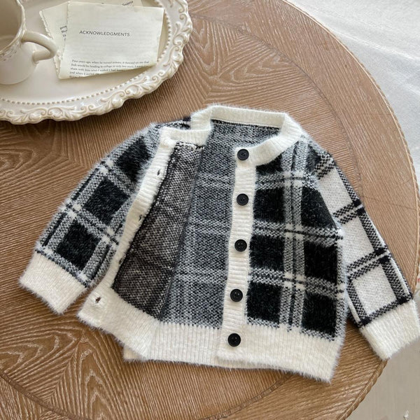 Baby Autumn Baby Classic Black and White Check Knit Cardigan Jacket Cotton Sweater Wholesale