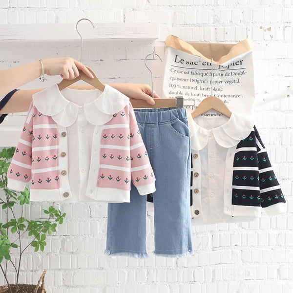 3PCS Set Autumn Girls Cardigan Top and Denim Pants Set Wholesale Baby Girl Clothes