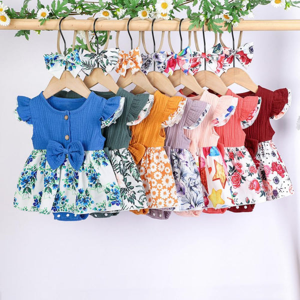 Summer Solid Color Cotton And Linen Ruffled Floral Romper Wholesale Girls Clothes