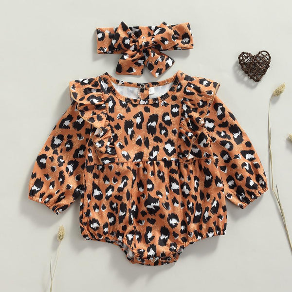Autumn Infant Long Sleeve Romper Leopard Print Bodysuit Bow Wholesale Baby Girl Clothes