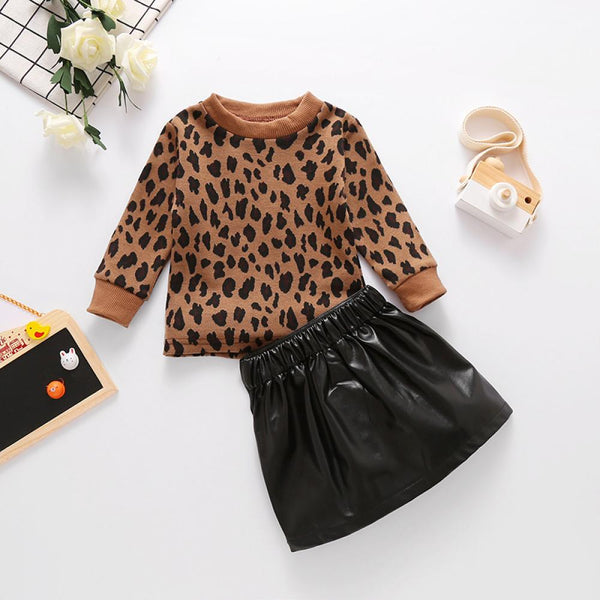 Pullover Brown Leopard Yarn Yarn Top Leather Zip Skirt Two Piece Set Wholesale Girls Clothes