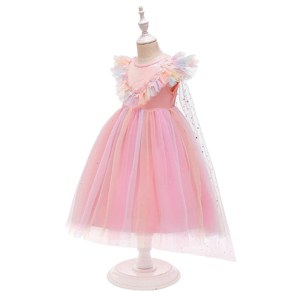 Frozen 2 Sequined Cape Detachable Mesh Train Princess Elsa Sleeved Flower Girl Dress Girls Clothes Wholesale