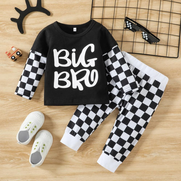 Infant Boys BIG BRO Letter Print Plaid T-shirt Two-piece Set Wholesale Baby Clothes