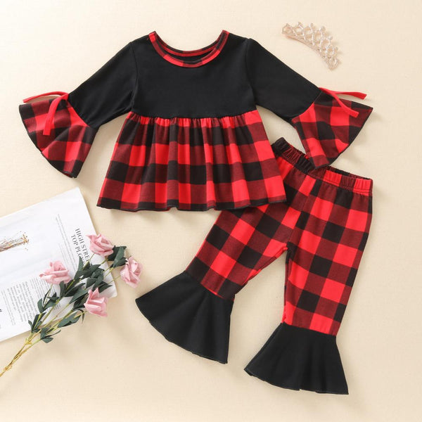 Plaid Top Flared Sleeves + Flared Plaid Pants Wholesale Girls Clothes