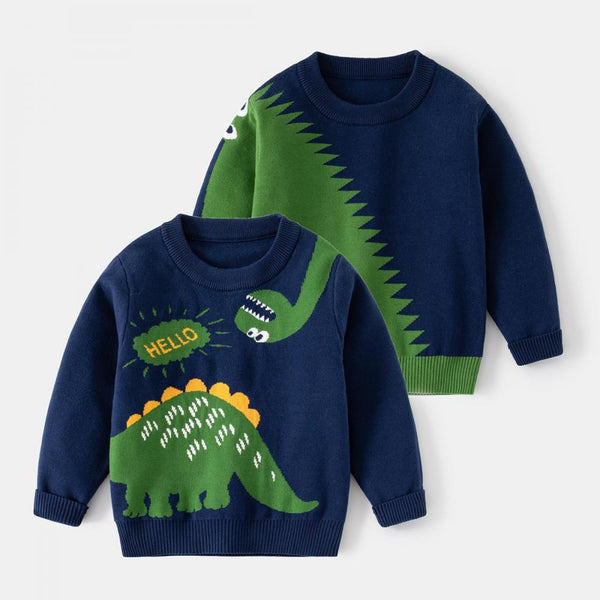 Little Boy Autumn Cute Dinosaur Round Neck Knit Pullover Sweater Wholesale Boys Clothes