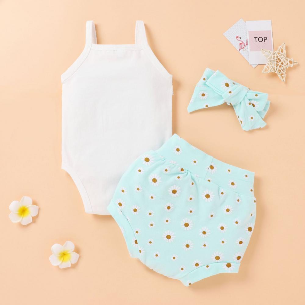 Newborn Baby Girls Summer Sleeveless Solid Sling Romper And Sunflower Floral Shorts with Headband Baby Wholesales