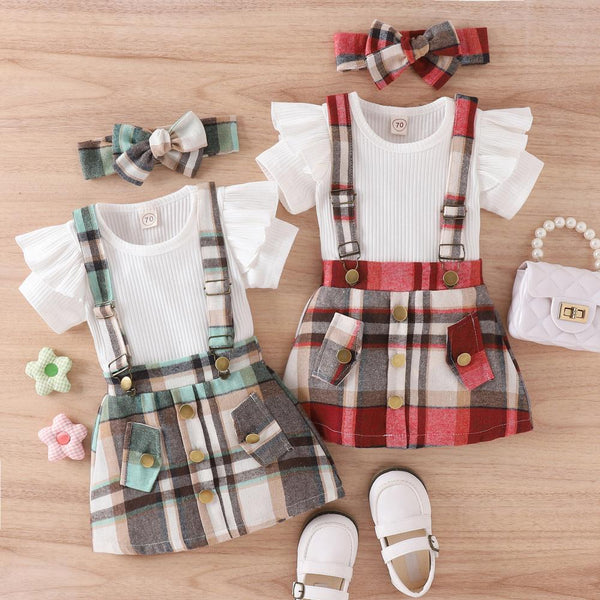 Baby Spring And Summer Short Sleeve Bow Fly Sleeve Plaid Skirt Girl Two-piece Set Wholesale