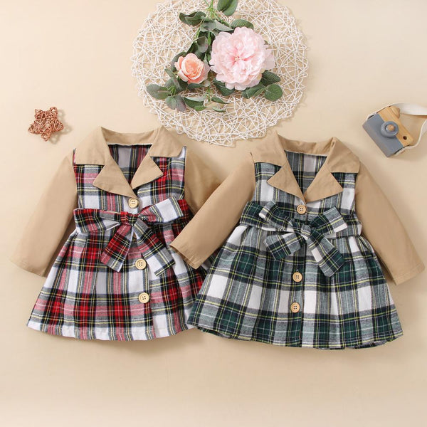Christmas Autumn and Winter Plaid Stitching Trench Coat Girls Dress Wholesale Baby Children Clothes